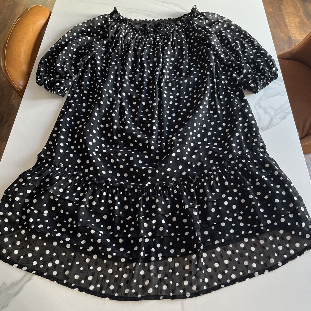 White House Black Market Black & White Polka Dot Dress Ruffles Shift Size Large